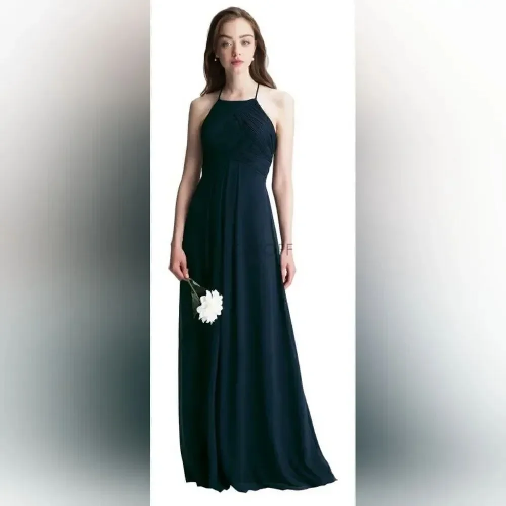 Levkoff 7001 Halter Neck Chiffon A-Line Gown in Navy NWT size 2